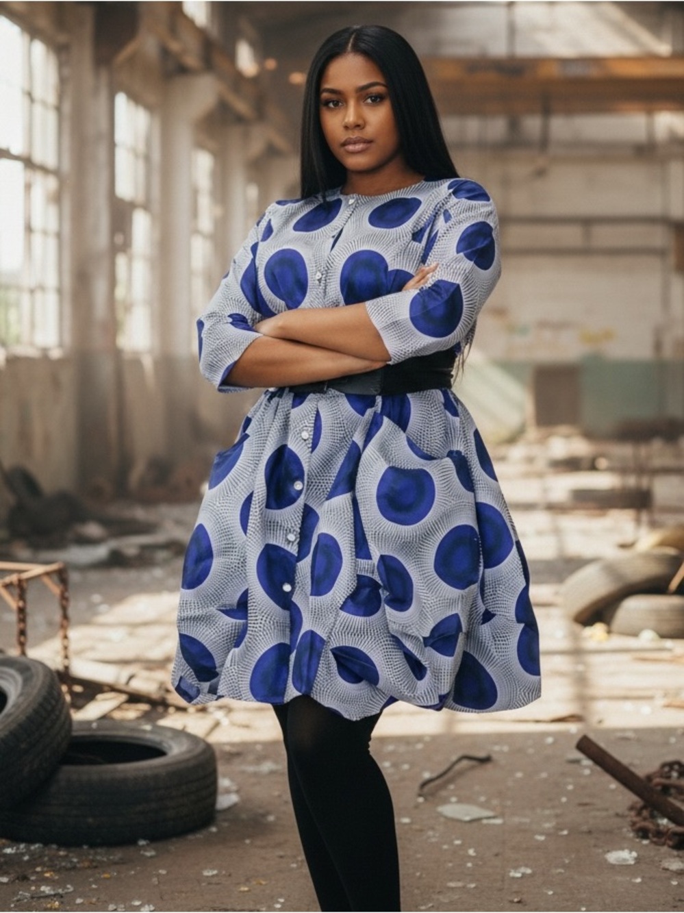 Blue Graphic Print A-Line Skirt Dress